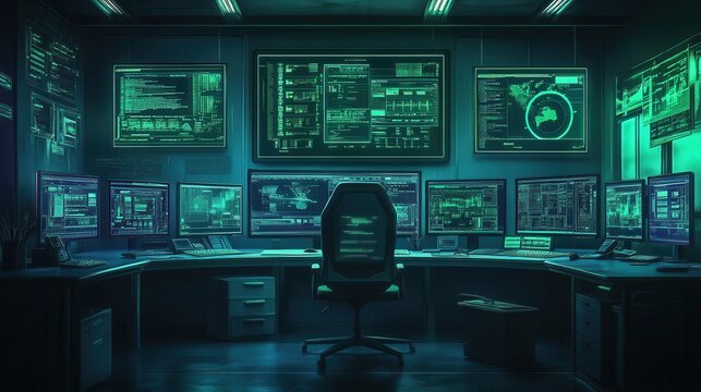 Cybersecurity operations center monitoring threats on a control room focusing on threat detection and network defense : Network Security Concept