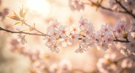 Obraz premium Delicate Cherry Blossoms in Golden Sunrise, Symbolizing Hope and New Beginnings