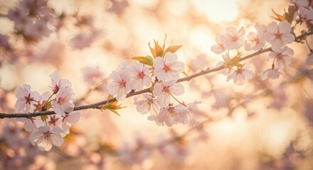 Fototapeta premium Delicate Cherry Blossoms in Golden Sunrise, Symbolizing Hope and New Beginnings