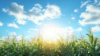 Obraz premium Vibrant 8K Abstract Marketing Background: Bountiful Cornfield Under Blue Sky. Flat Design Illustration of Joyful Harvest Scene. High-End Artistic Poster Element with Warm Sunlight for Advertising and 