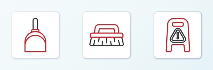 Obraz premium Set line Wet floor and cleaning in progress, Dustpan and Brush for icon. Vector