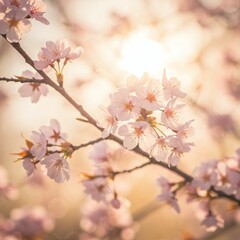 Delicate Cherry Blossoms in Golden Sunrise, Symbolizing Hope and New Beginnings
