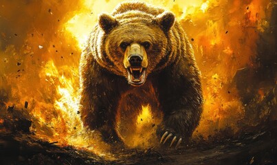 Fierce brown bear, blazing inferno backdrop.