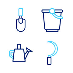 Set line Sickle, Watering can, Bucket and Garden trowel spade or shovel icon. Vector