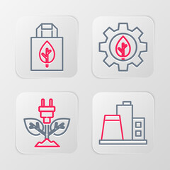 Set line Factory, Electric saving plug in leaf, Leaf plant gear machine and Shopping bag with recycle icon. Vector