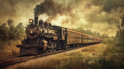 Fototapeta premium Vintage-style poster of a classic train station with old-fashioned benches, a steam train, and sepia tones.