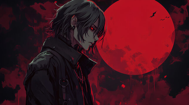 male vampire anime character with red moon background