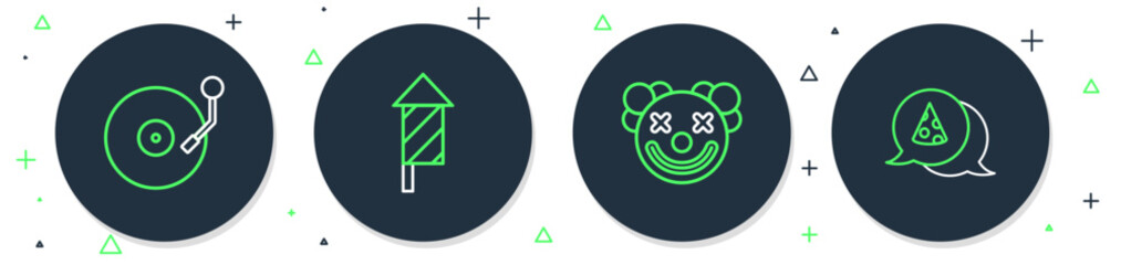 Set line Firework rocket, Clown head, Vinyl player with disk and Slice of pizza icon. Vector
