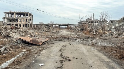 City destroy in war zone, abandoned buildings and bridge with smoke. Destruction, natural disaster or cataclysm, post-apocalyptic world ruins with broken road and street, cartoon vector illustration