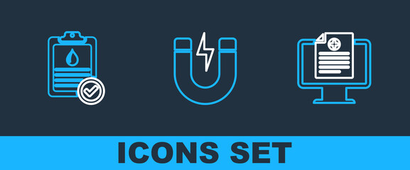 Set line Clinical record on monitor, Clipboard with blood test and Magnet lightning icon. Vector