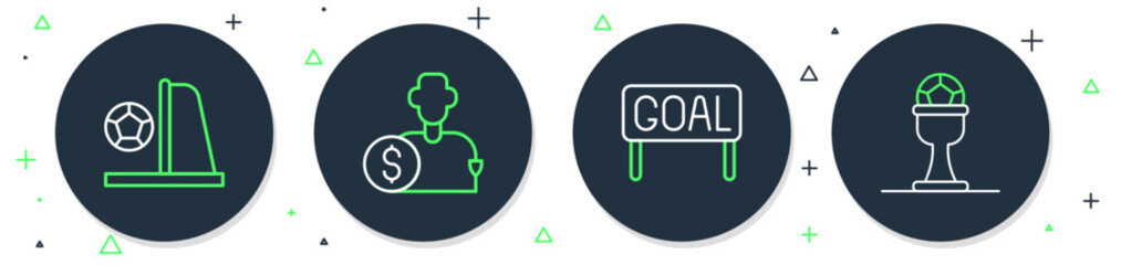 Set line Buy football player, Goal soccer, Football goal with and Award cup and icon. Vector