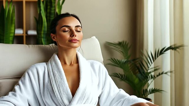 A minimalist spa setting with a serene woman in a white robe and towel wrap, leaning back in a reclined chair, embodying calm and rejuvenation.