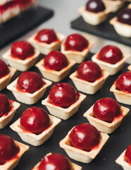 Catering table, beautifully decorated banquet with variety different food snacks appetizers on christmas corporate birthday party event or wedding celebration, canape, salad, delicatessen setting