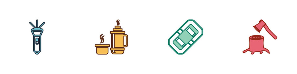 Set Flashlight, Thermos container, Rafting boat and Wooden axe stump icon. Vector