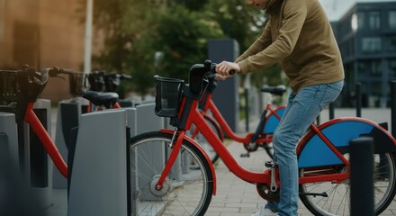 Obraz premium Man riding a red rental bicycle at a bike-sharing station in the city