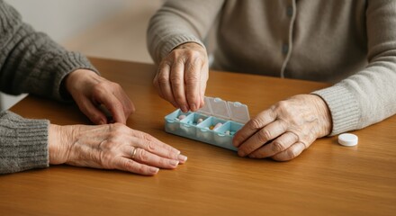 Elderly woman organizing medication in a weekly pill organizer with assistance
