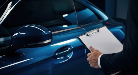Professional inspecting a luxury blue car with a clipboard in hand