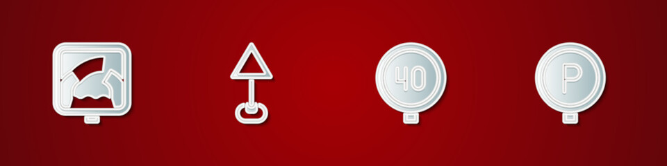 Set Drawbridge ahead, Triangle warning blank, Speed limit traffic and Parking icon. Vector