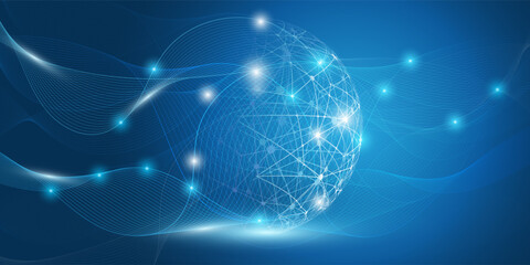 Abstract Blue Minimal Style Cloud Computing, Networks, Telecommunications Concept Design with Polygonal Mesh, Glowing Spots Around a Transparent Wire Frame Globe - Vector Illustration