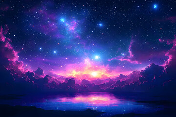 Obraz premium Magical cosmic landscape with vibrant sunset and starry night sky reflected in calm water