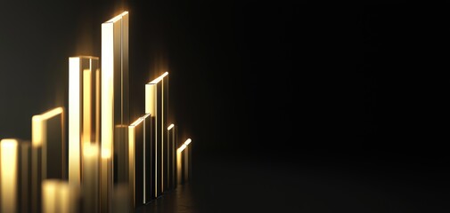 Elegant depiction of a golden bar chart with glowing trend lines, set against a sleek black background for a sophisticated business theme