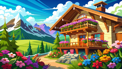 Fototapeta premium Beautiful summer day with flowers on the balcony of a traditional alpine house in the Alps