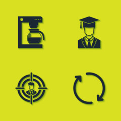 Set Coffee machine with pot, Refresh, Head hunting and Graduate graduation cap icon. Vector