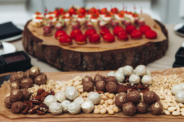 Catering table, beautifully decorated banquet with variety different food snacks appetizers on christmas corporate birthday party event or wedding celebration, canape, salad, delicatessen setting