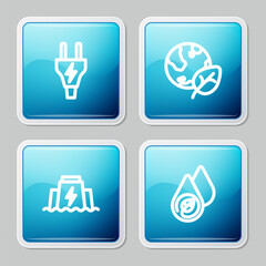 Set line Electric plug, Earth globe and leaf, Hydroelectric dam and Water energy icon. Vector