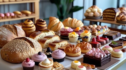 
The table is abundant with a variety of freshly baked goods, including rustic loaves of bread with golden crusts and seeds, buttery croissants, fluffy muffins, and delicate scones. There are colorful