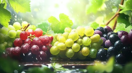 A beautifully arranged table of fresh table grapes, including green, red, and black varieties, with water droplets glistening on their surface in a bright, natural setting.