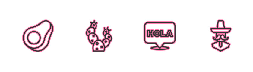 Set line Avocado fruit, Hola, Cactus and Mexican man sombrero icon. Vector © vector_v