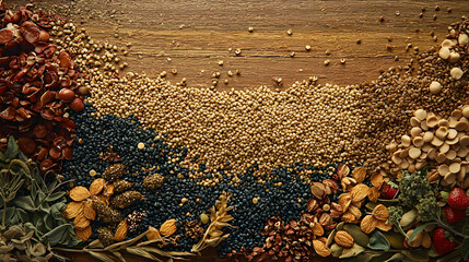 Obraz premium vibrant flat lay of diverse superfoods and organic grains, including seeds, nuts, and berries, arranged on rustic wooden surface, showcasing rich variety of textures and colors