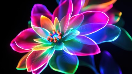 Fototapeta premium A blooming neon flower with multicolored glowing petals, including shades of pink, green, and blue, isolated on a clean black background for a stunning holiday vibe