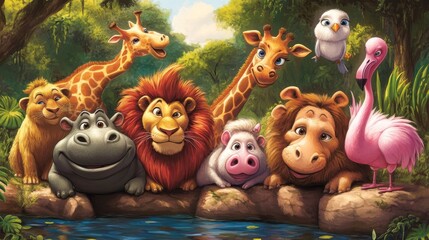 Fototapeta premium African wild animals from safari park, zoo or savanna in Africa. Cute characters of hippo, lion, giraffe, baboon, flamingo and warthog isolated on white background, vector cartoon set