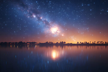Fototapeta premium Magical Nightscape: City Lights Reflected in a Tranquil Lake Under a Starry Sky