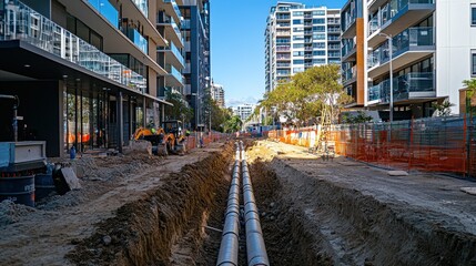 A civil construction site in a modern Australian city showing a narrow trench for underground pipelines, with nearby commercial and residential buildings, captured in vivid detail.
