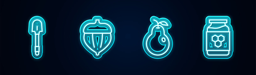 Set line Shovel, Acorn, Pear and Jar of honey. Glowing neon icon. Vector