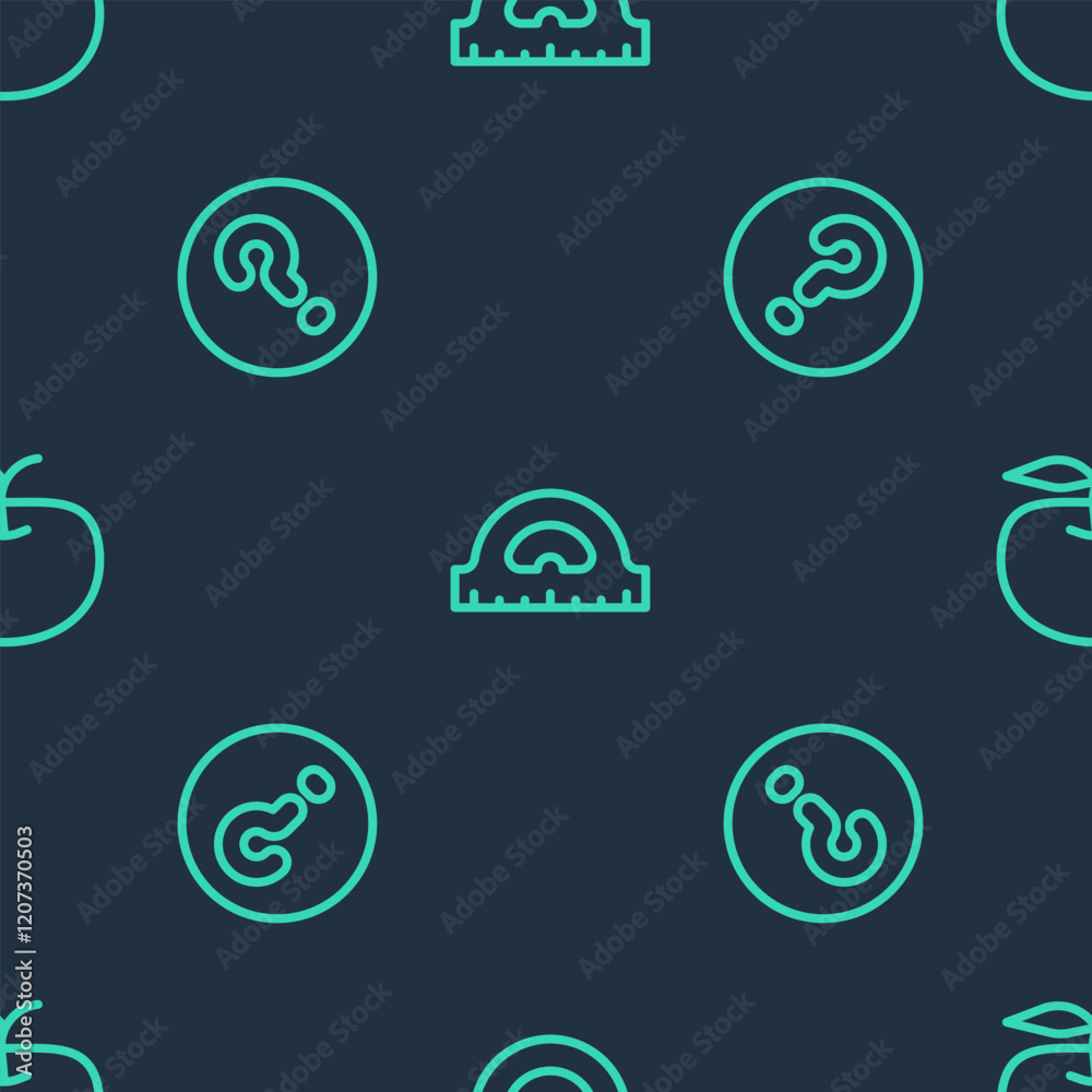 Poster set line protractor grid, speech bubbles with question and apple on seamless pattern. vector