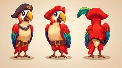 Cute parrot character. Pirate jungle bird isolated vector. Funny comic animal mascot for wild tropical design. Excited cockatoo and colorful cheerful birdie icon. Friendly and happy exotic zoo art
