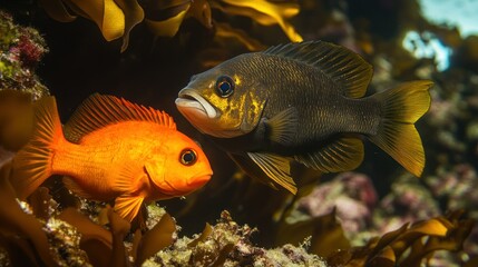 Obraz premium A close-up of a female sheephead fish (Semicossyphus pulcher) interacting with a vibrant orange garibaldi fish in the lush kelp forest off Santa Barbara Island, captured in sharp 4K detail.