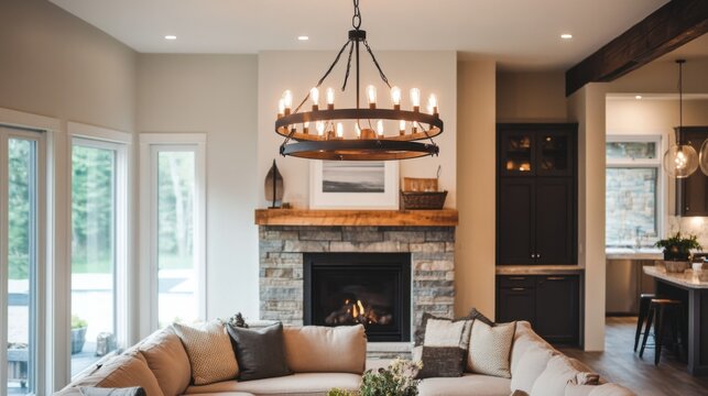 A rustic round chandelier made with iron rings and Edison bulbs, creating a warm, industrial charm in a cozy living room
