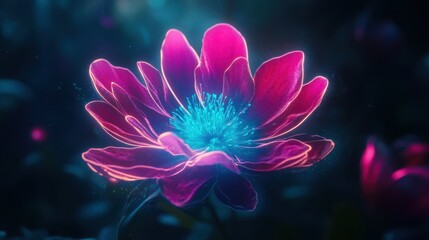 Obraz premium A close-up of a neon flower with bright magenta petals and glowing turquoise accents, surrounded by a soft halo of light on a dark background.