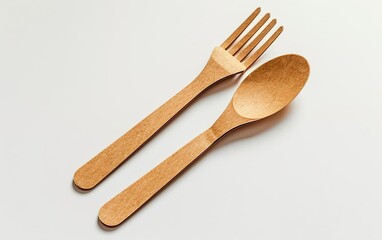 Biodegradable cutlery mockup isolated on white background. Compostable, eco friendly materials concept, conscious, sustainable, organic, natural, green, renewable, environmentally safe, decomposable