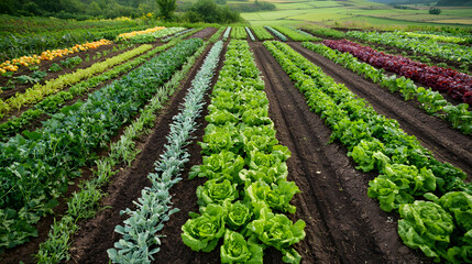 Obraz premium Aerial view of thriving organic farm with diverse vegetable rows, showcasing lush green fields and vibrant crops