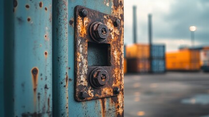 A close-up of the corner of an old shipping container, showing rusted bolts, chipped paint, and a weathered texture, with a blurred industrial yard in the background