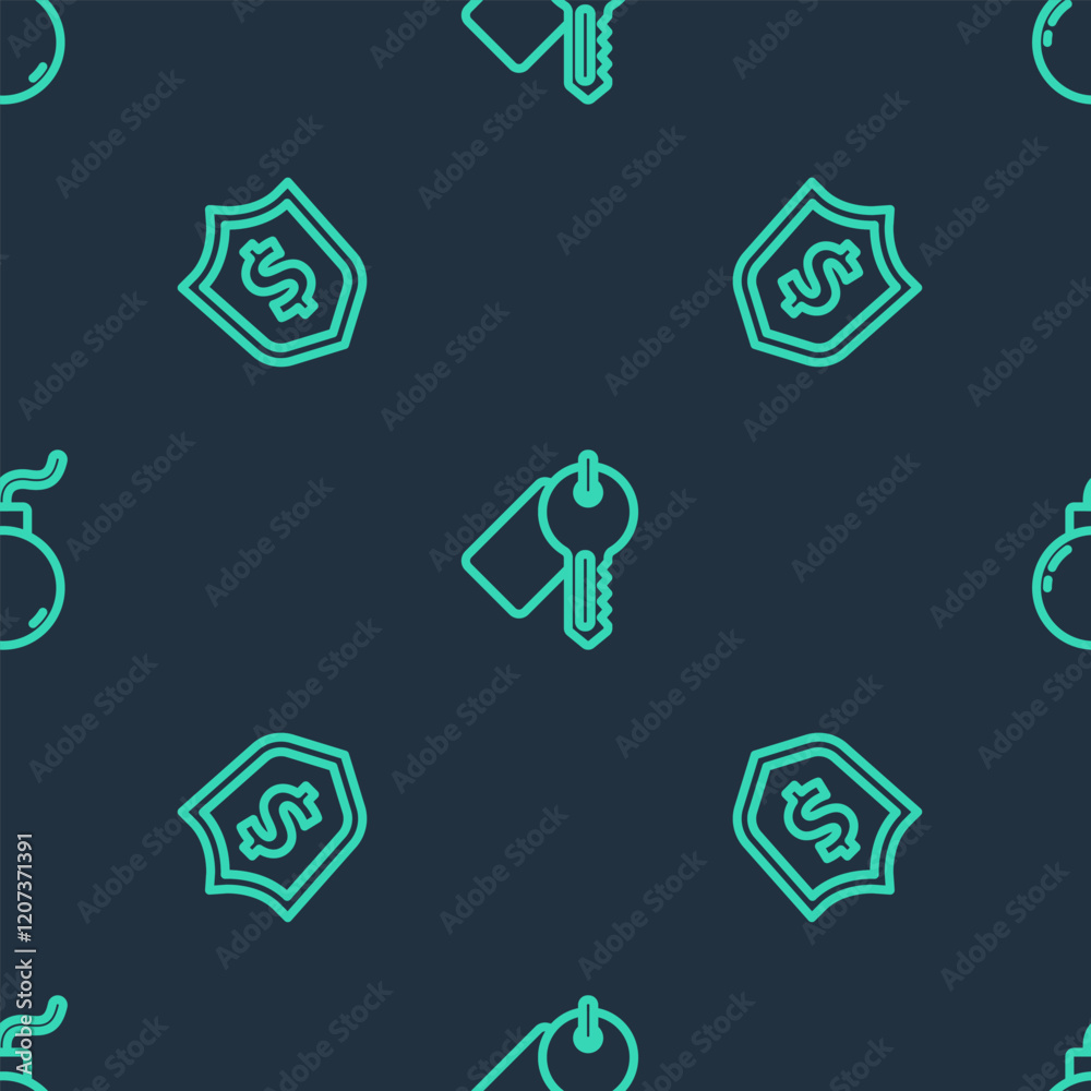 Poster set line marked key, shield with dollar and bomb ready to explode on seamless pattern. vector