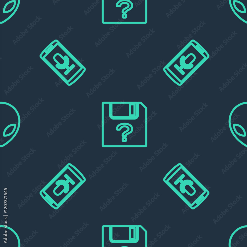 Poster set line unknown document, mobile recording and alien on seamless pattern. vector
