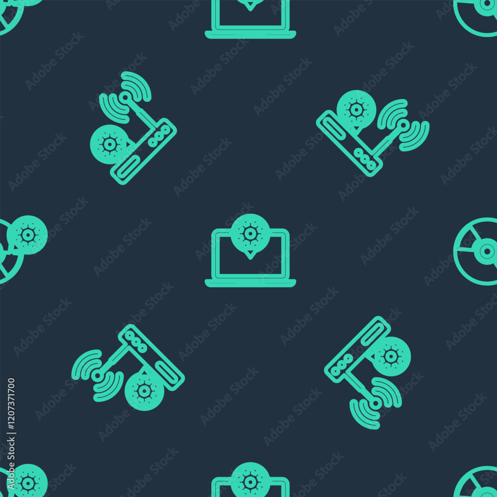 Sticker Set line Laptop setting, Router and wi-fi and CD or DVD disk on seamless pattern. Vector