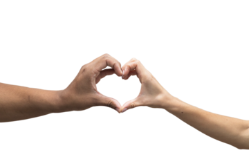 two hands making heart - Hands forming a heart, symbolizing love and care. Isolated on white background, with close-up of fingers showing a romantic gesture.